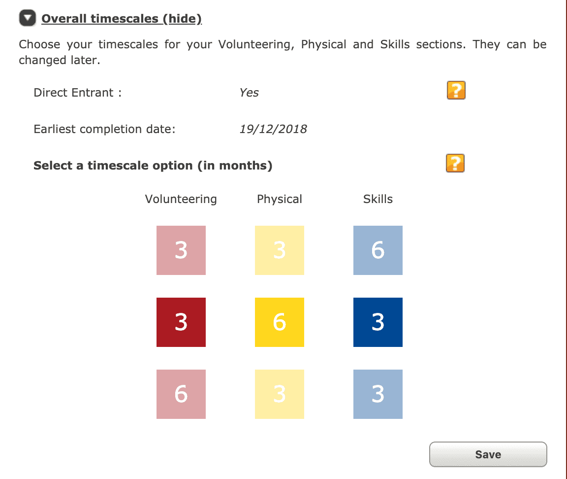 A screenshot of EDofE for choosing timescales
